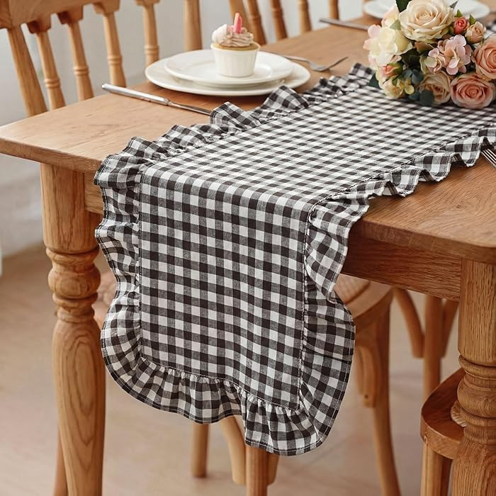 1 Pcs Dark Brown Plaid Gingham Ruffle Table Runner 118 x 13.8'' Farmhouse Table Runner 100% Cotto... | Amazon (US)