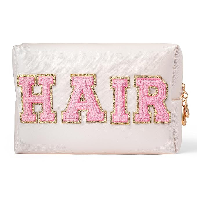 Y1tvei Preppy Patch HAIR Letter Cosmetic Toiletry Bag PU Leather Portable Makeup Bag Sewn with Fe... | Amazon (US)