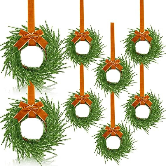 Dingion 8 Pcs Christmas Norfolk Pine Wreath Decoration Mini Christmas Kitchen Cabinet Wreaths wit... | Amazon (US)