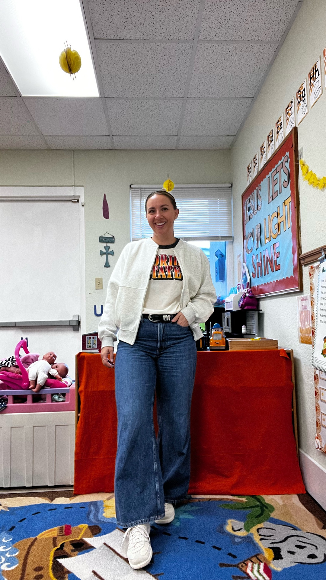 My formula for Friday outfit: 
•jeans
•football graphic of some kind
•sneakers 
•jacket 
•all my basic jewelry 

Make it through the day, and that’s it really. 

#LTKSeasonal #LTKStyleTip #LTKWorkwear