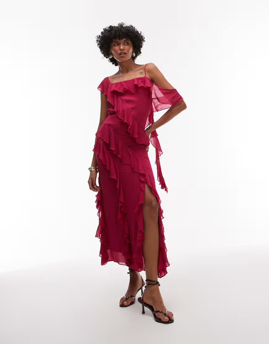 & Other Stories – Maxi-Trägerkleid in Rosa mit gestuften Rüschen und tiefem Rückenausschnitt mit Bindedetail | ASOS (Global)