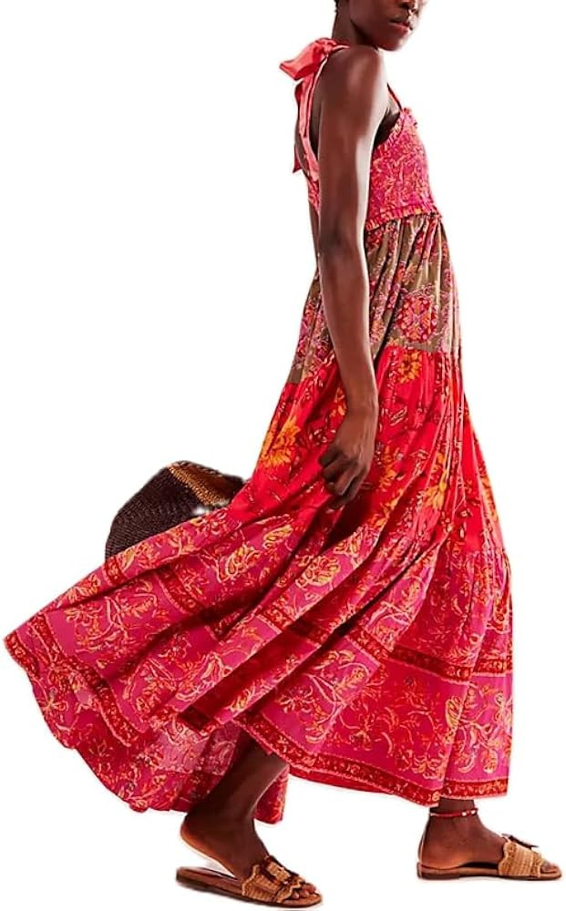 Women Boho Colorful Spaghetti Strap Dress Summer Vacation Beach Long Sun Dress RIC Rac Floral Flo... | Amazon (US)