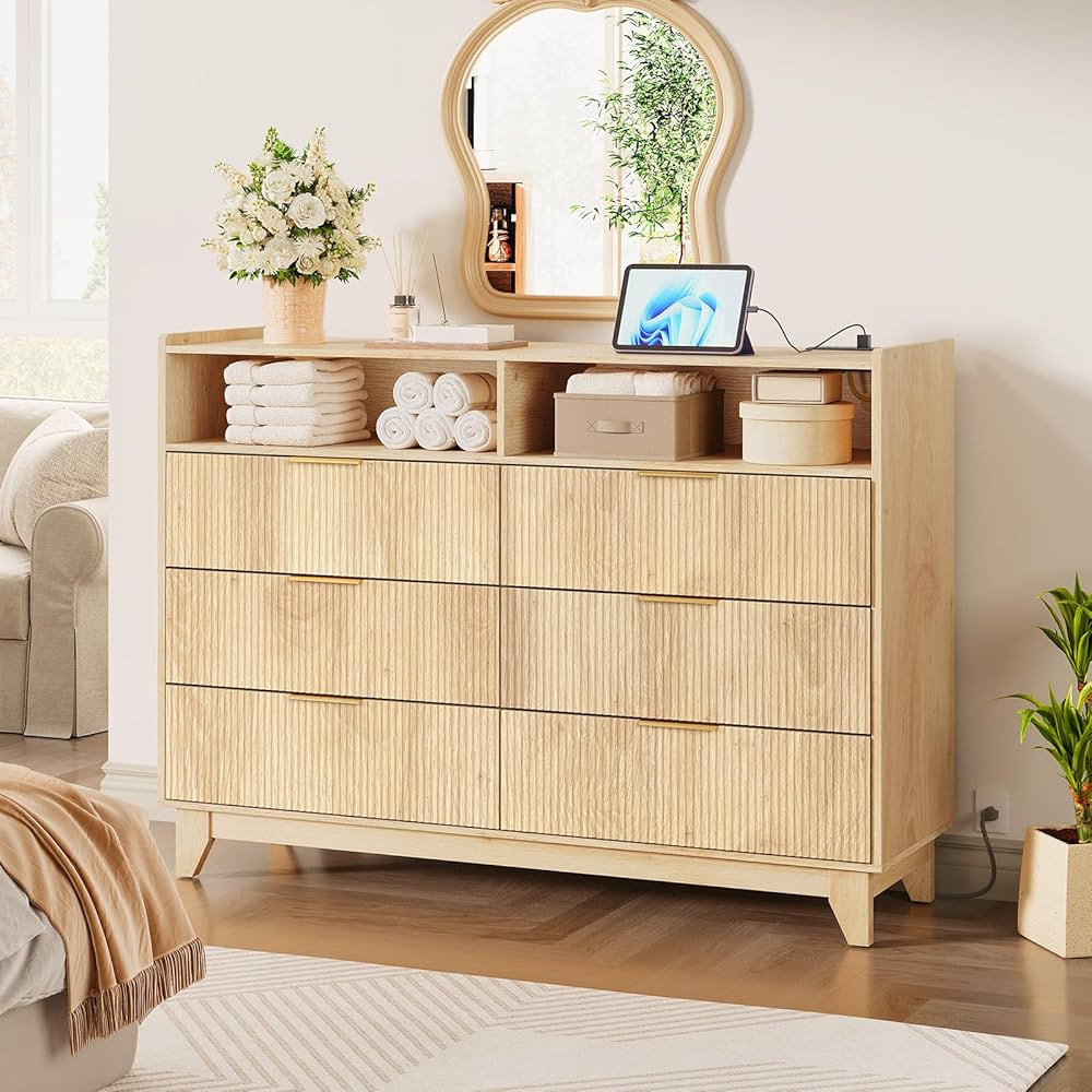 Fluted 6 Drawer Dresser for Bedroom, Modern Wooden Chest of Drawers with Charging Station, Dresse... | Amazon (US)