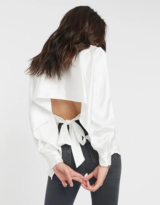 ASOS DESIGN long sleeve satin shirt with cut out back in ivory | ASOS (Global)