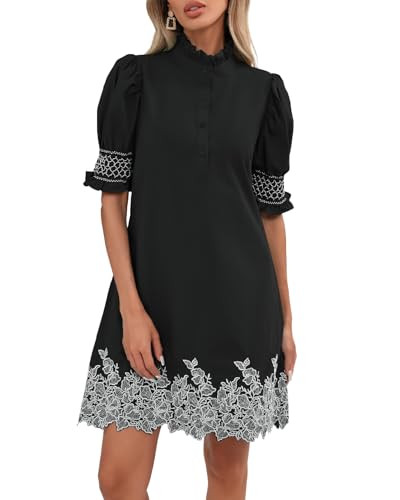 YEXPINE Women's Summer Embroidered Mini Dress Short Puff Sleeve Ruffle Collar Button Front Shift ... | Amazon (US)