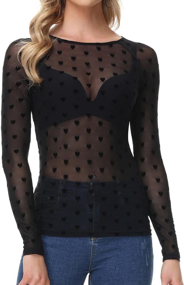 GRACE KARIN Women's Long Sleeve See Through Mesh Sheer Top Blouse Shirt | Amazon (US)