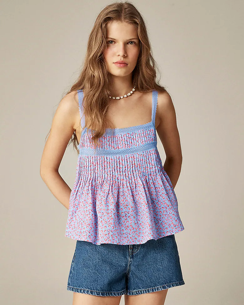 Lace-trim tank top in summer fields-print ramie | J. Crew US