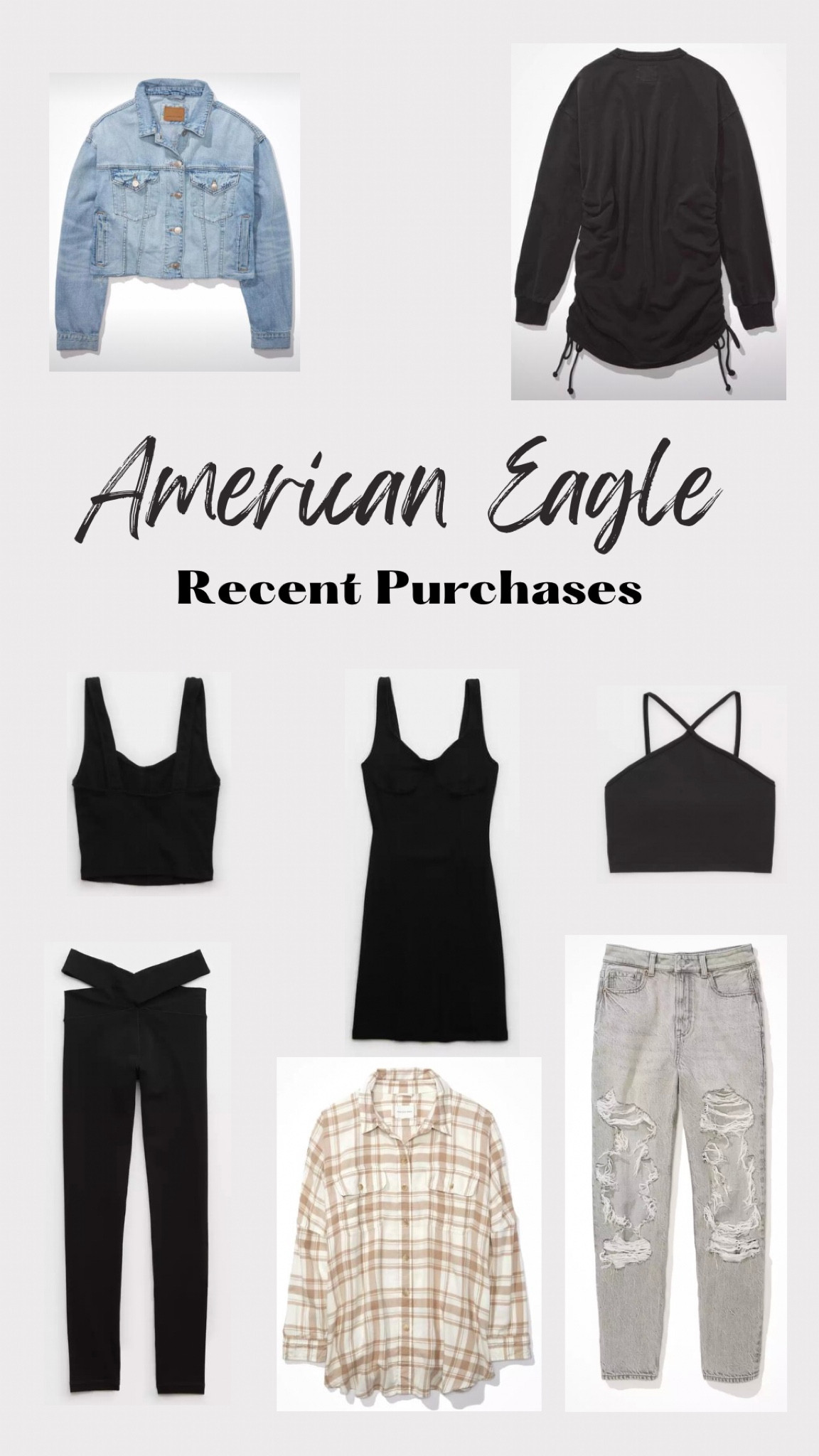 American Eagle has been killing it with the comfy casual outfit style! Loving these new spring outfit arrivals! Can’t go wrong with a pair of denim mom jeans and a flannel. New black mini dress and a denim jacket! These are all included in my most recent purchase from AE  
