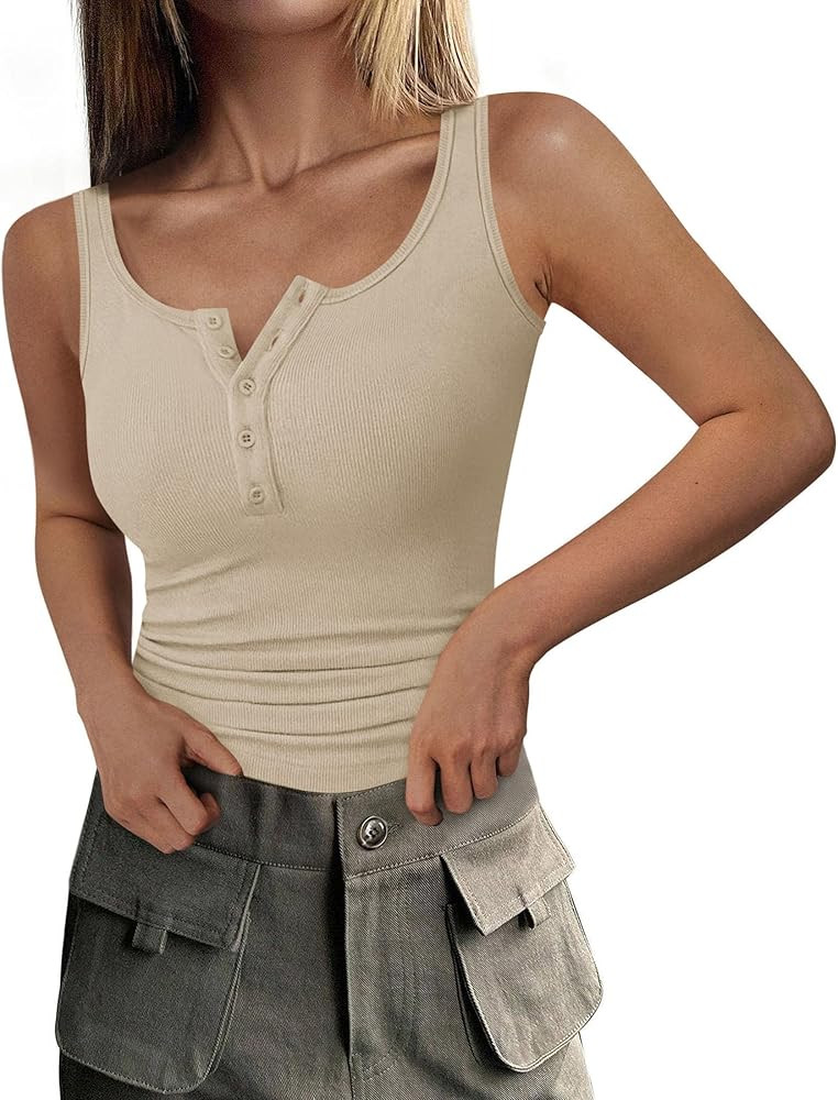 PRETTYGARDEN Womens 2026 Summer Tank Tops Ribbed Knit Slim Fit Sleeveless Henley Shirts Casual Ba... | Amazon (US)