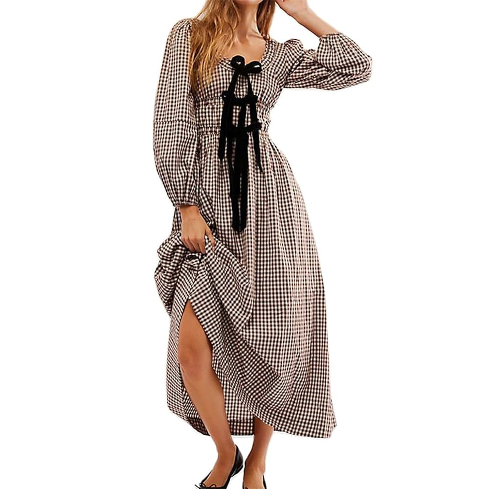 Women Plaid Maxi Dress Long Puff Sleeve Square Neck Flowy Boho Dress Bow Tie Smocked Fall Dresses | Amazon (US)