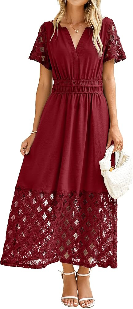 Simplee Womens Summer Maxi Dress 2026 V Neck Empire Waist Long Flowy Boho Dresses with Pockets | Amazon (US)