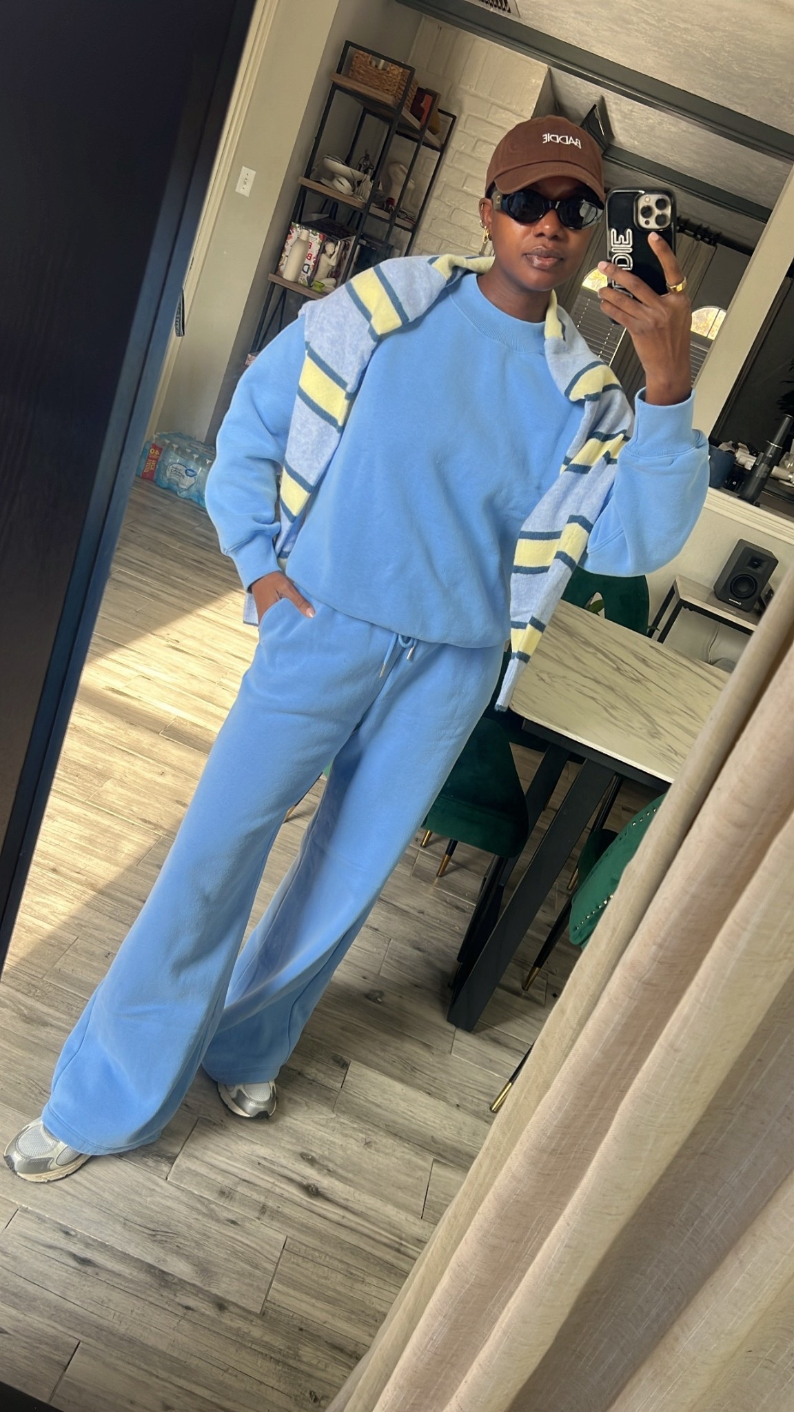  Cozy winter look in soft blue & striped sweater with new balance 408 in cream & silver. Brown dad hat with baddie spell out  

#LTKdayinmylife #LTKActive