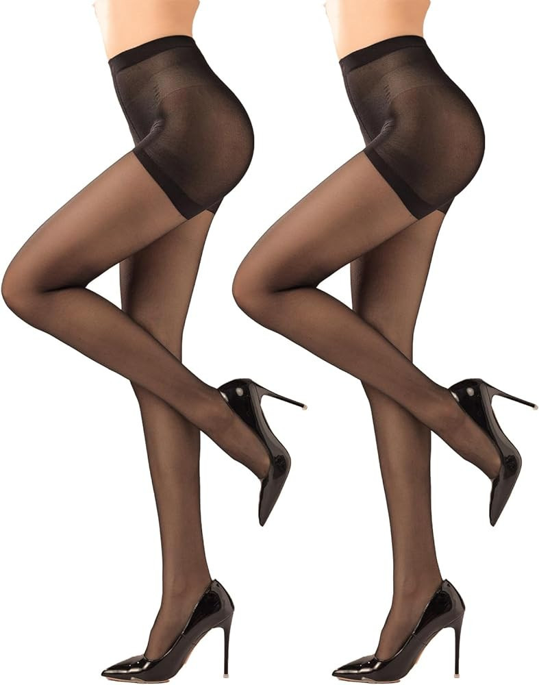 Weziarer 2 Pairs Women's Control Top Pantyhose - 20D Sheer Tights with Reinforced Toes | Amazon (US)
