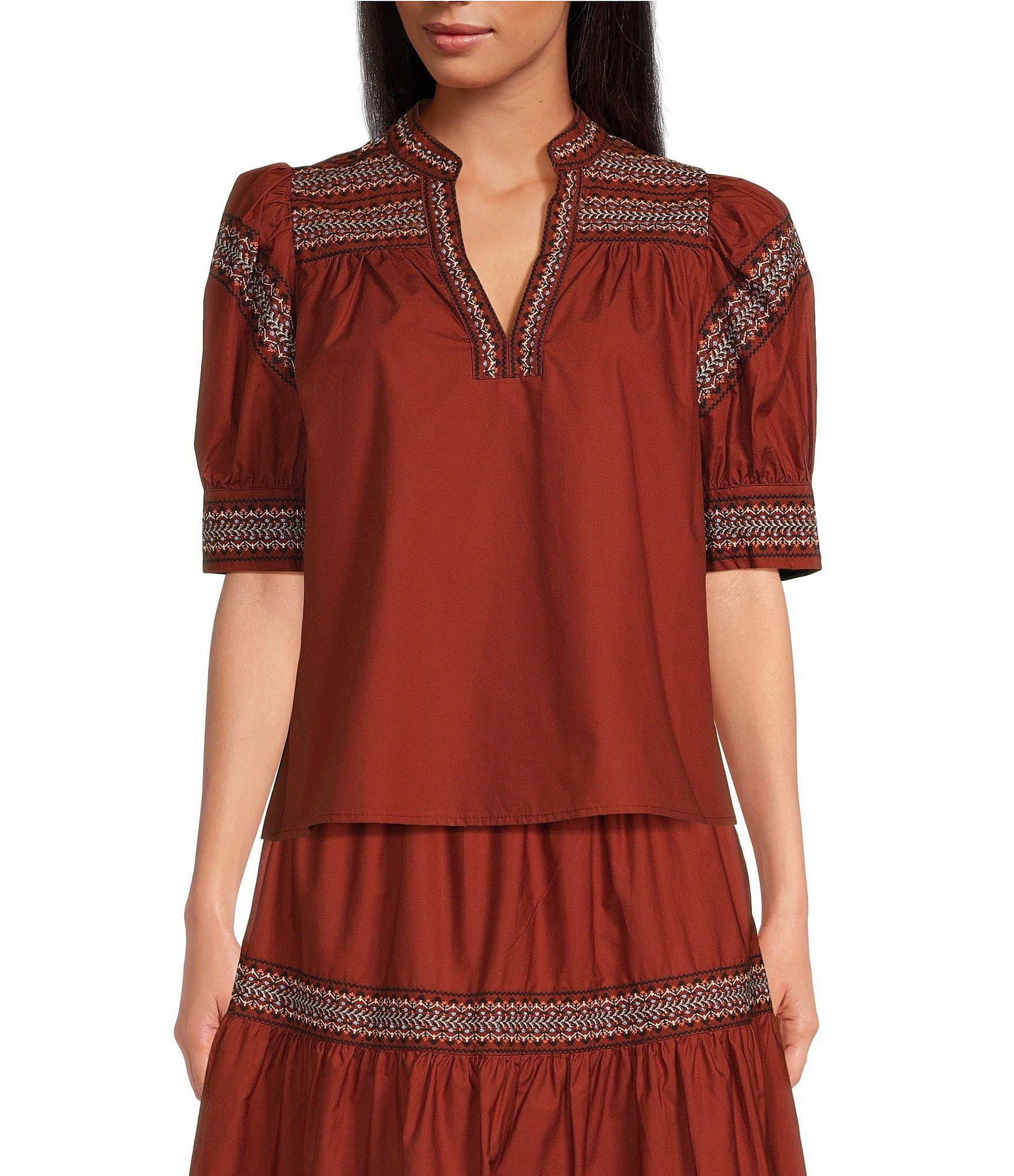 Woven Embroidered Trim Split V-Neck Short Puffed Sleeve Coordinating Top | Dillard's