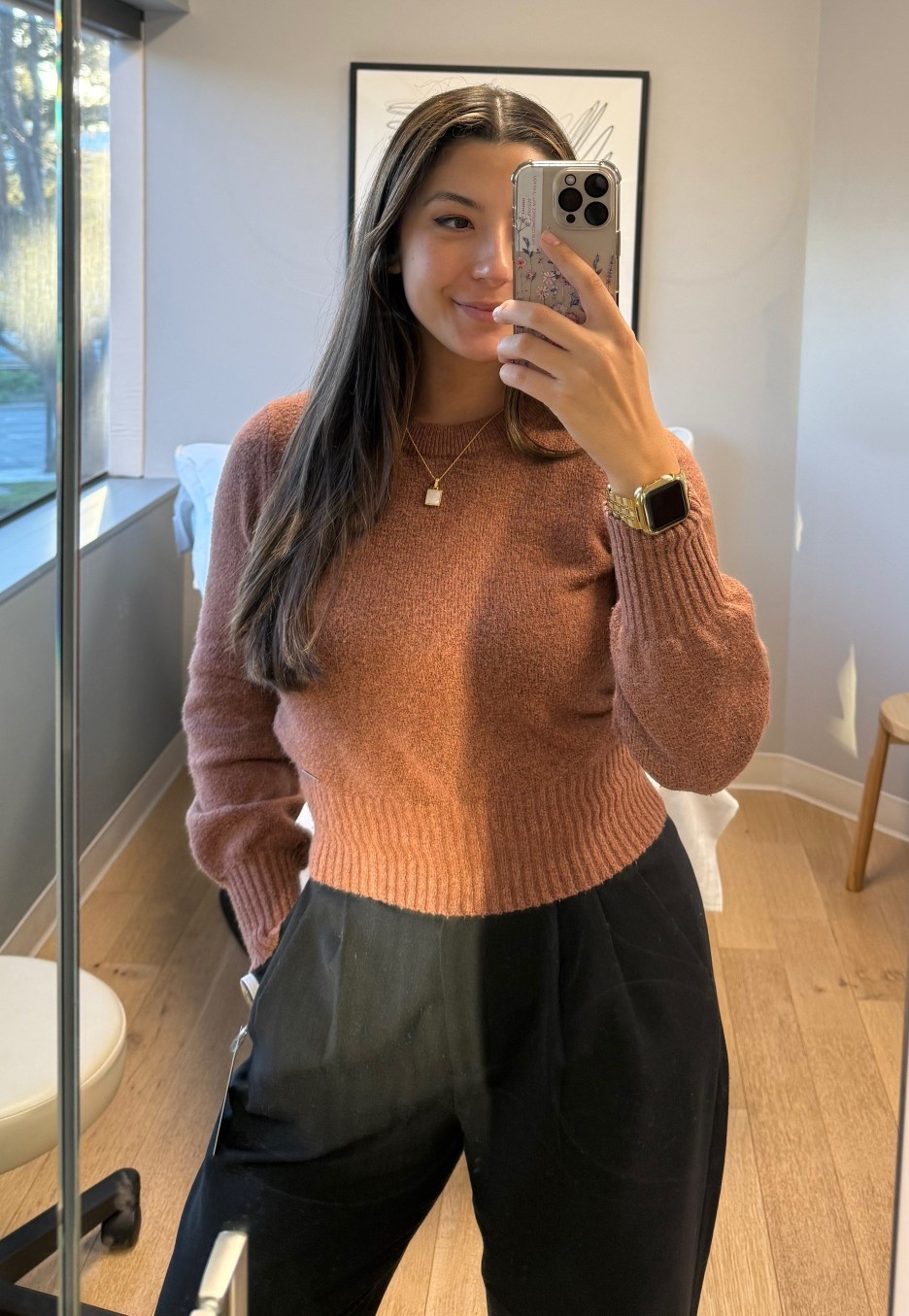 Business casual outfit 

Sweater - old Madewell 
Trousers - Abercrombie, size 27 curve love 
Sophiya necklace 
Apple watch case - Amazon  

#LTKFindsUnder100 #LTKWorkwear #LTKFindsUnder50