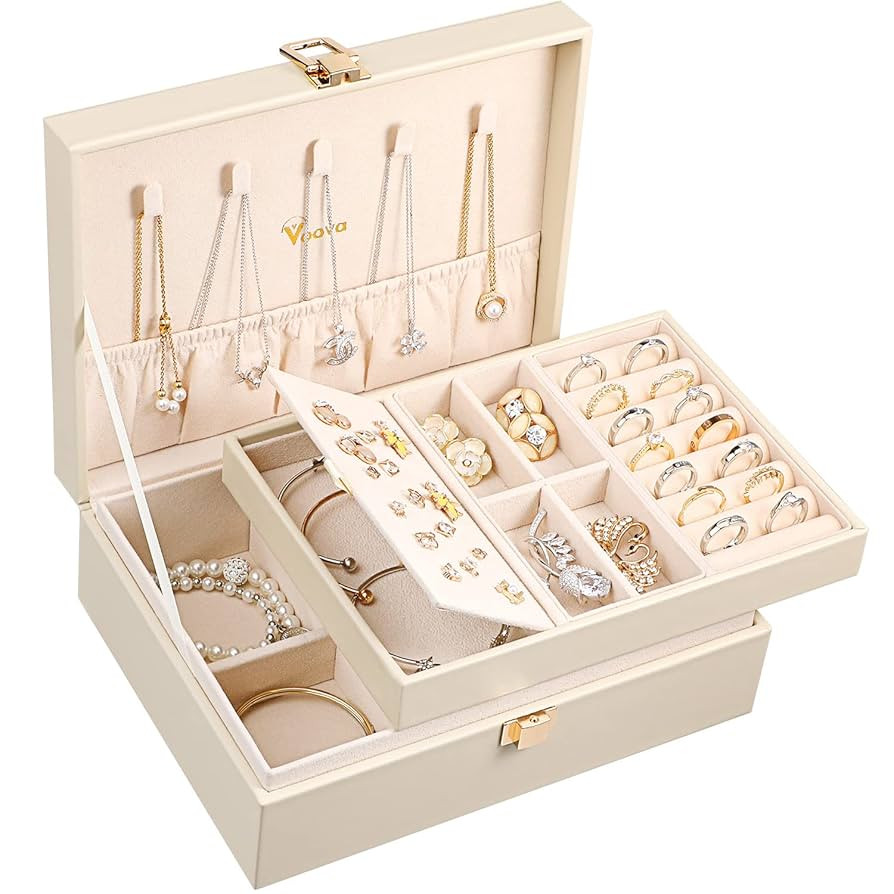 Voova Jewelry Box Organizer for Women Girls, 2 Layer Large Men Jewelry Storage Case, PU Leather D... | Amazon (US)