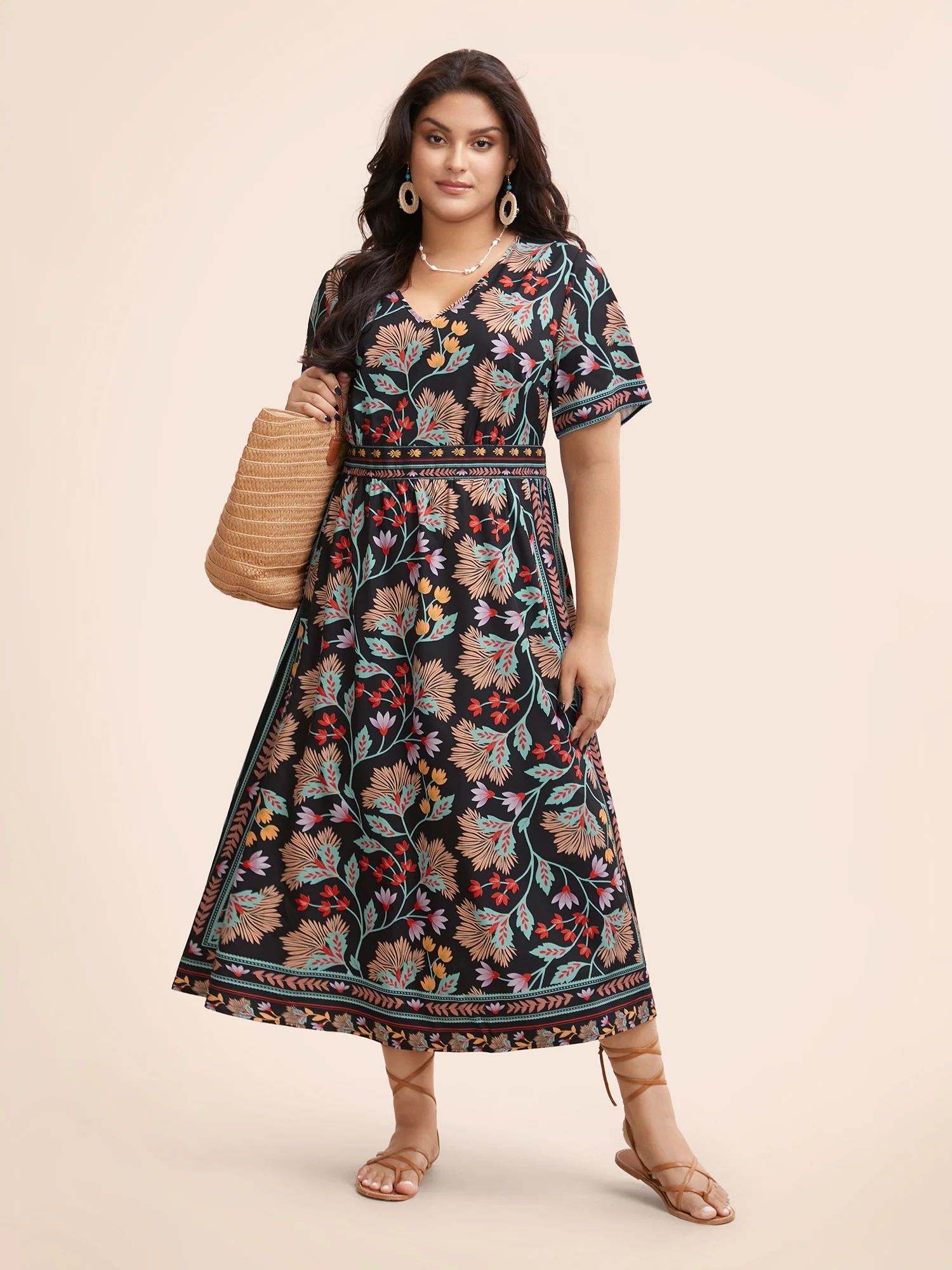 Boho Print Shirred Pocket Midi Dress | Bloomchic