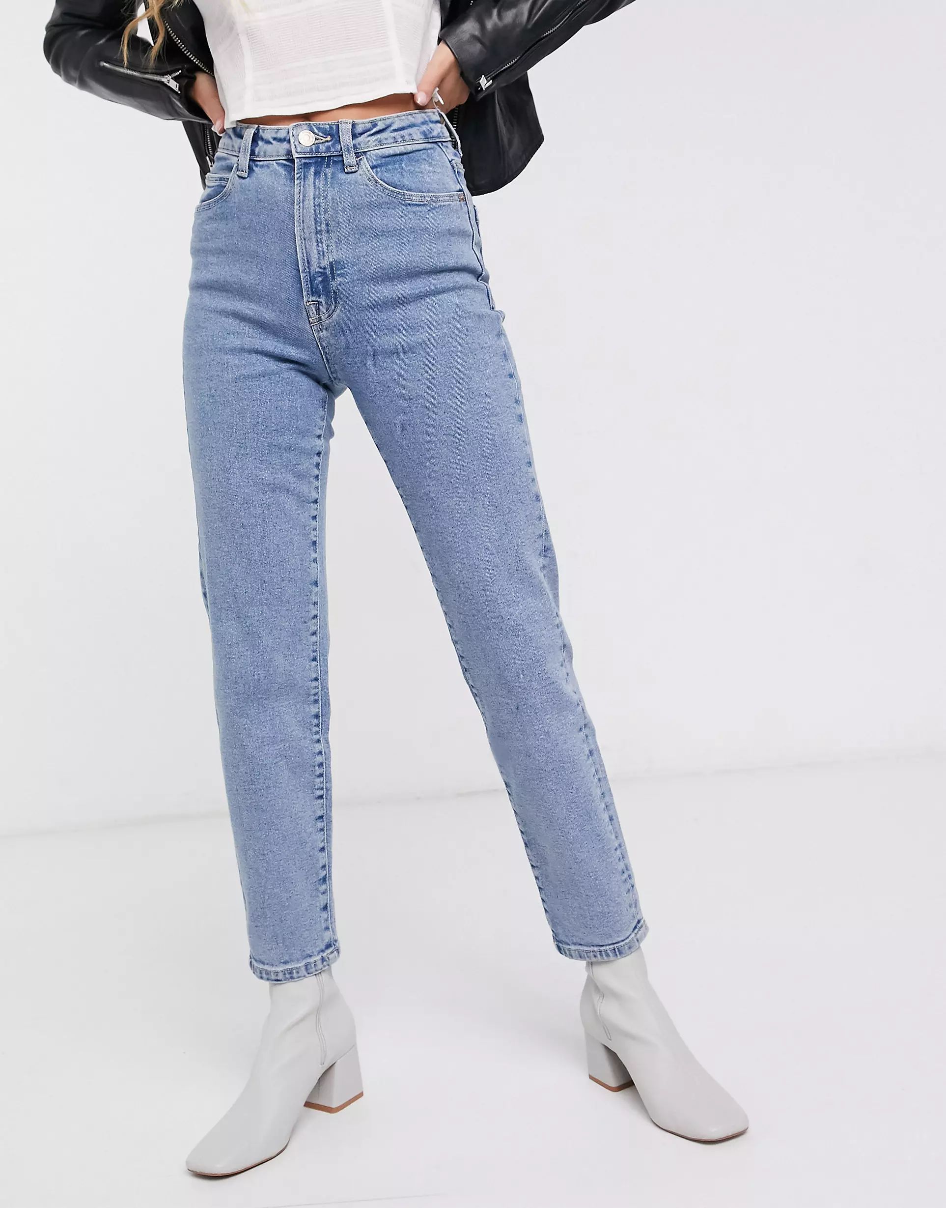 Stradivarius organic cotton slim mom jeans with stretch in washed blue | ASOS (Global)