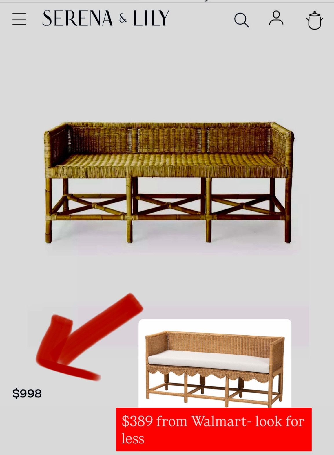 Cutest Serena and Lily inspired bench from Walmart. Less than half the price, add a custom cushion and make it custom without the price tag ! 
#Walmart #LookForLess #CoastalDecor