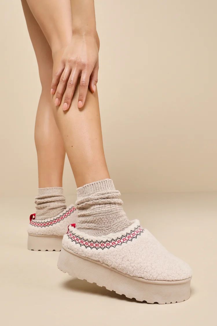 Zayd Beige Faux Fur Embroidered Flatform Slippers | Lulus