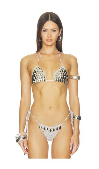 Jaded London Triangle Bikini Top With Metal Sequins in Metallic Silver. - size L | Revolve Clothing (Global)