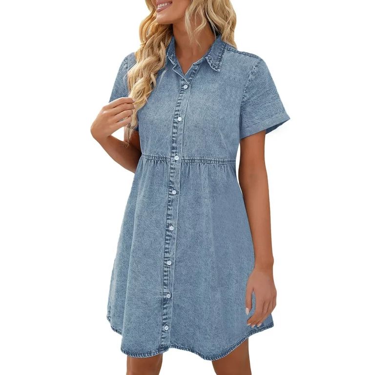LookbookStore Women's Vintage Lapel Collar Shirt Dresses Button Down Tiered Dress Bay Blue Size 2... | Walmart (US)