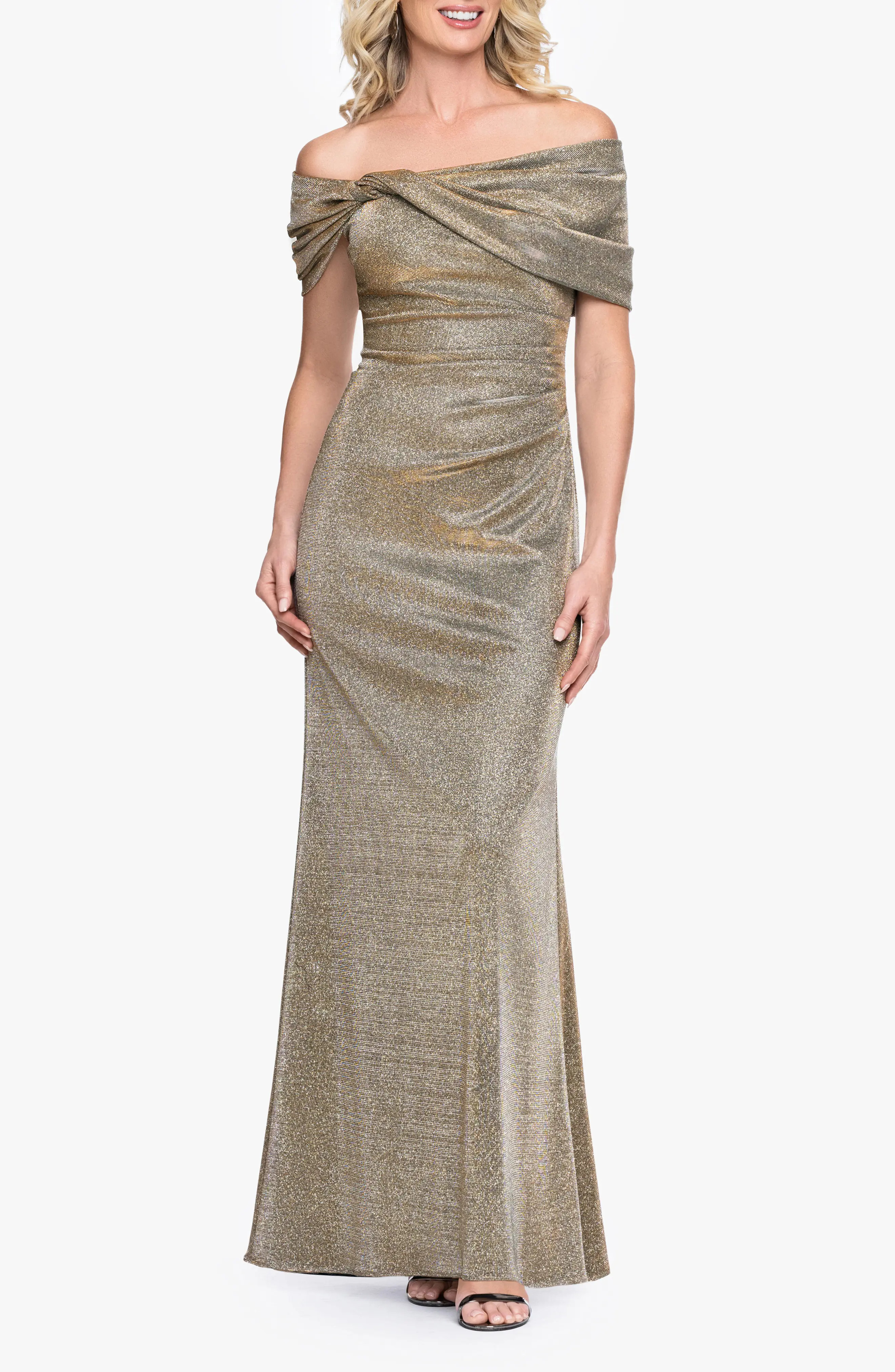 Betsy & Adam Galaxy Metallic Twist Detail Off the Shoulder Gown in Sand at Nordstrom, Size 14 | Nordstrom