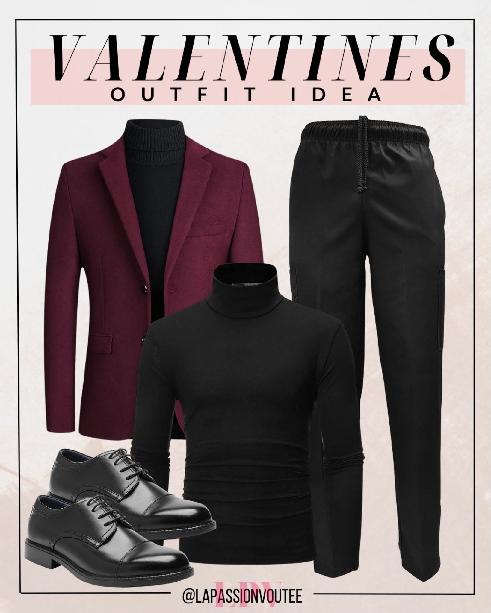Steal hearts with this Valentine's Day ensemble: dapper maroon blazer paired flawlessly with a sleek black turtleneck, refined black pants, and polished dress shoes. Elevate your style game and make a lasting impression as you celebrate love in this effortlessly sophisticated 

#LTKstyletip #LTKSeasonal #LTKmens