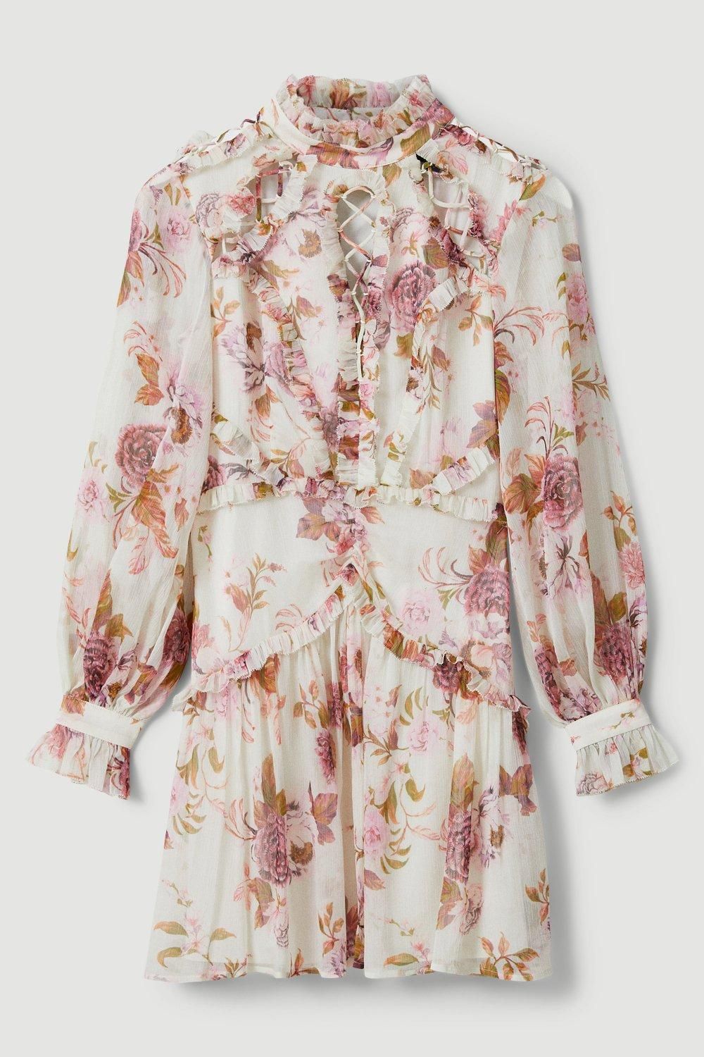Lydia Millen Floral Ruffle Chiffon Mini Dress | Karen Millen US