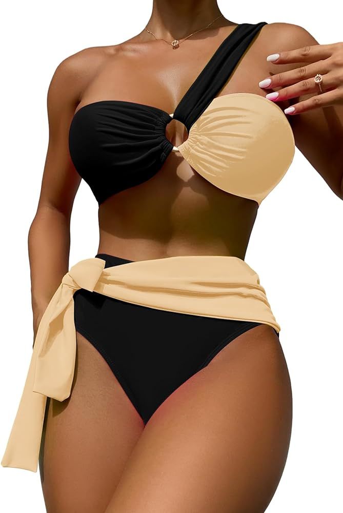 OYOANGLE Women's One Shoulder Bikini Set Colorblock High Waist Bathing Suit Tummy Control Swimsui... | Amazon (US)