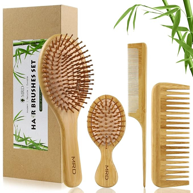 Hair Brush Set, Natural Bamboo Comb Paddle Detangling Hairbrush, Wide-tooth and tail comb No Bris... | Amazon (US)