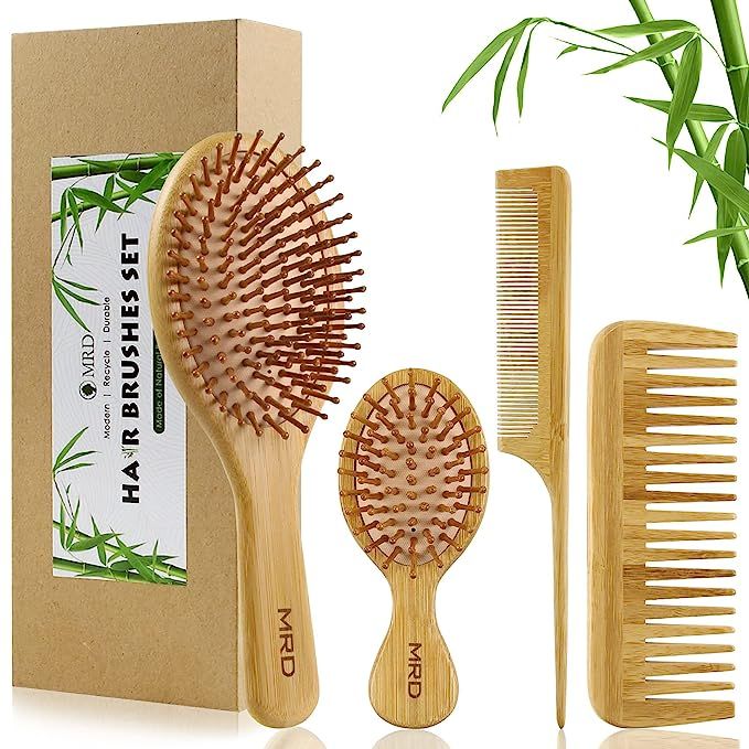 Hair Brush Set, Natural Bamboo Comb Paddle Detangling Hairbrush, Wide-tooth and tail comb No Bris... | Amazon (US)