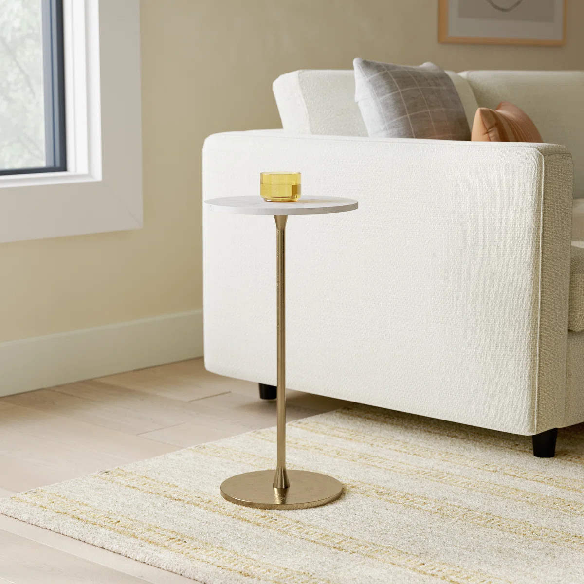 Neutral Glam Gold and White 24"H Round Modern Drink Accent Table with Aluminum and Stone | Wayfair North America