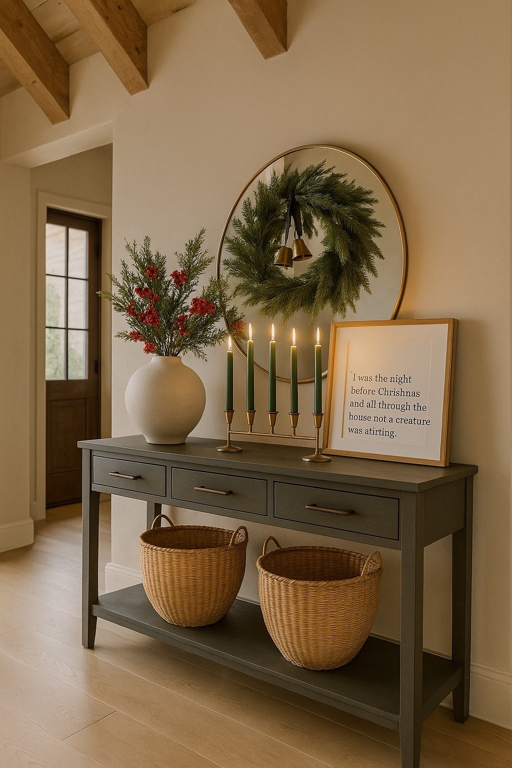 Target Christmas Entryway Decor Ideas

Follow @farmtotablecreations on Instagram for more cozy styling ideas 🤍

Create a warm, welcoming holiday entryway with timeless Target finds — from the lush greenery wreath and glowing brass candelabra to the soft flicker of green candles that bring a festive touch. Paired with a simple framed print, textured vase, and natural woven baskets, this setup feels curated yet effortless. Perfect for anyone who loves an organic, Christmas look that’s elegant, cozy, and achievable.

#entrywaydecor #christmasdecor #holidayhome #targetfinds #christmasentryway #neutralchristmas #greenerywreath #christmasinspo #mcgeeandcovibes #consoledecor #holidaystyling #christmasathome #holidayinspiration #christmascandles 

#LTKStyleTip #LTKHome #LTKFindsUnder50