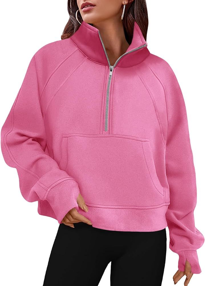 Women's Sweatshirts Fleece Lined Half Zipper Crop Pullover Tops Funnel Neck Long Sleeve Sweater T... | Amazon (US)