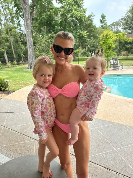 first pool day of the summer! can’t wait for all the memories we’ll make here 🥹☀️👙 I got this bikini when I was pregnant and wore it all the time! the girls are also wearing swimsuits from my collection with dream big little co! so surreal for me. use code JESSCRUM for 15% off! 

toddler girl swimsuit, baby girl swimsuit, bikini, pink bikini, sunglasses, summer, pool, beach, vacation, swim, rashguards, toddler clothes, hunza g 

#LTKSeasonal #LTKKids #LTKFamily