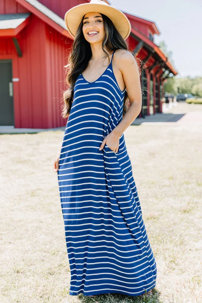 Somewhere Out There Mid Navy Blue Striped Maxi Dress | The Mint Julep Boutique