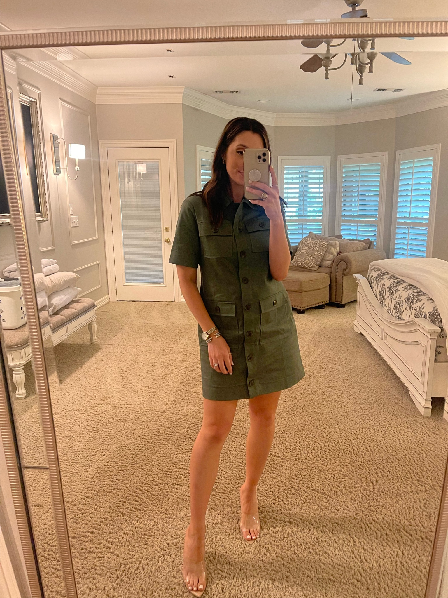 Work wear green dress and clear pointed toe heels 