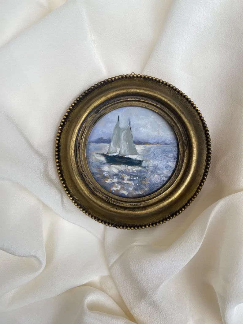Bateau Encadré Vintage Rond Original En Mer Dans La Peinture à L'huile. Petit Tableau Marin Sty... | Etsy (US)