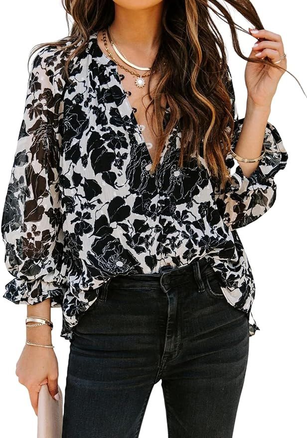 Womens Casual Boho Floral Print V Neck Long Sleeve Blouses Button Down Shirts Dressy Chiffon Loos... | Amazon (US)