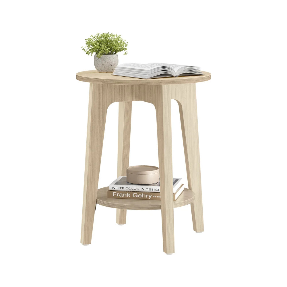 Maezo Collection - Small Round End Table with Lower Shelf, Natural Beige | SONGMICS