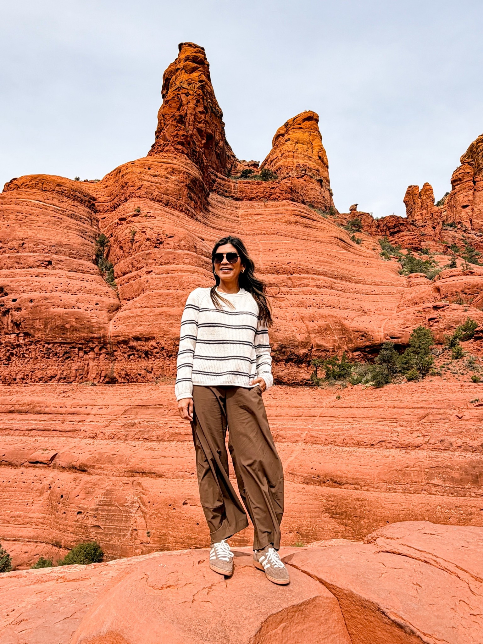 I’m 5’2” 118#ish for reference 
What I wore to Sedona for sightseeing(Pink Jeep Tour). 
White tee underneath in XS.
Striped lightweaight sweater in small.
Pants in small.
Adidas sneakers I sized down.
Vacation outfit, Amazon finds, adventure outfit, over 50 style, midlife fashion, petite fashion, affordable fashion, fashion over40 

#LTKPetite #LTKActive #LTKOver40