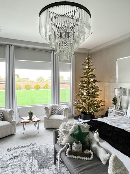 Chandelier and Christmas tree in master bedroom at Modern Farmhouse Glam 

#LTKHoliday #LTKSeasonal #LTKhome