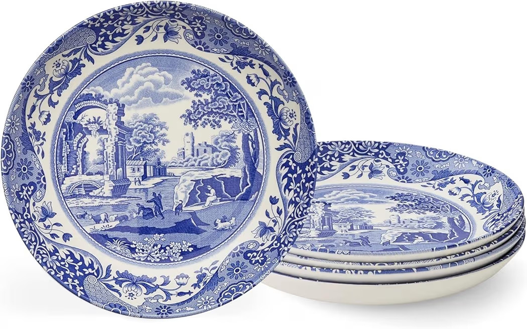 Spode Blue Italian Pasta Bowl, Set of 4-9 Inch Shallow Earthenware Serving Bowls with Oriental Bo... | Amazon (US)