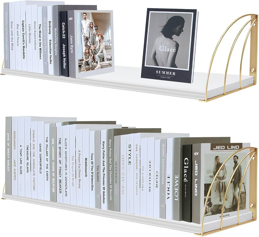 Gold White Shelves Pine Wood 23.5×7.87 Inch Book Shelf for Wall with Elegant Lines,Gold Floating... | Amazon (US)