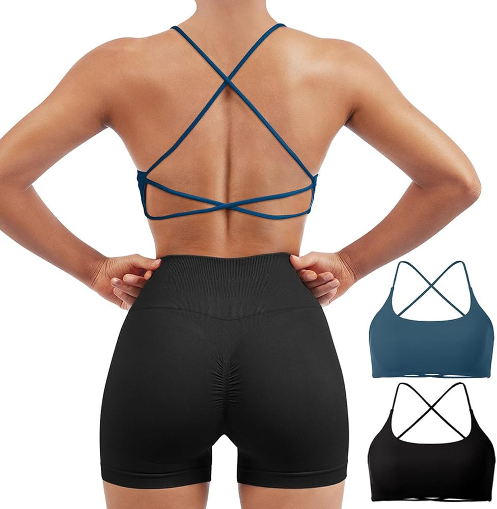 SUUKSESS Women 2 Piece Open Back Sports Bra Pack Strappy Workout Gym Yoga Crops | Amazon (US)