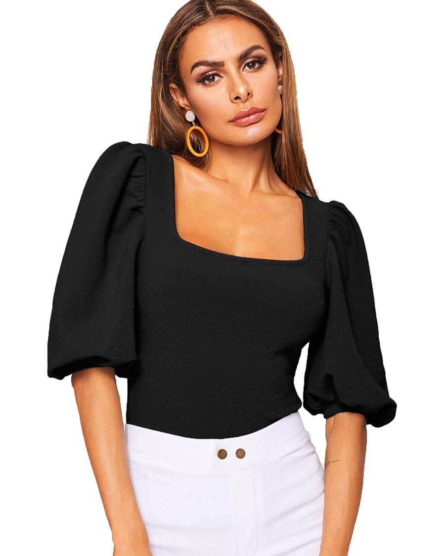 Romwe Women's Casual Puff Sleeve Square Neck Slim Fit Crop Tee Tops | Amazon (US)