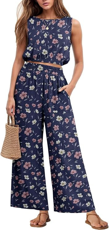 GRECERELLE Two Piece Sets for Women Sleeveless Crop Top Wide Leg Pants Sweat Set for Women Tracks... | Amazon (US)