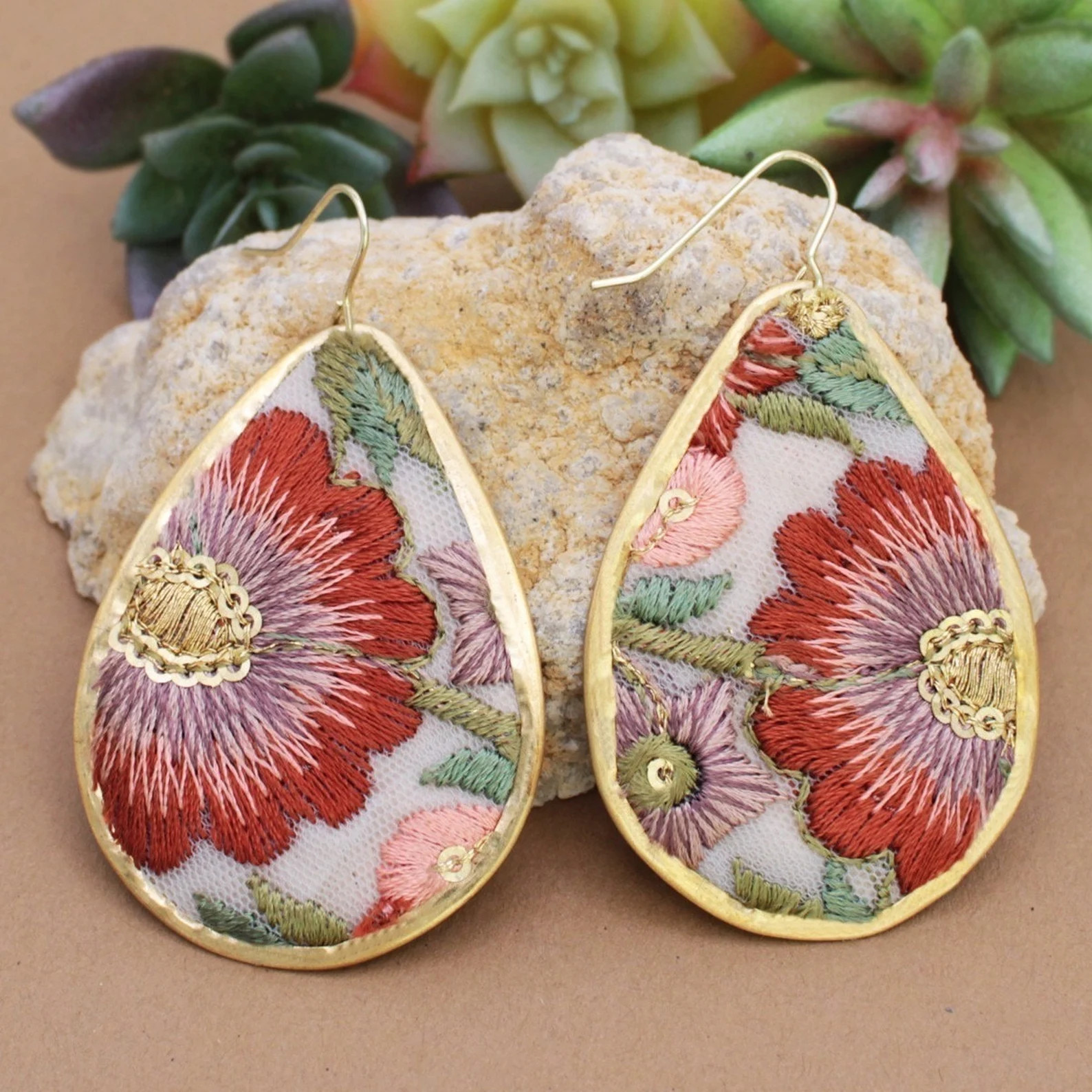 Rust Rose Pink  Embroidered Teardrop Grandmacore CottageCore Vintage Inspired Embroidered Earring... | Etsy (Global)