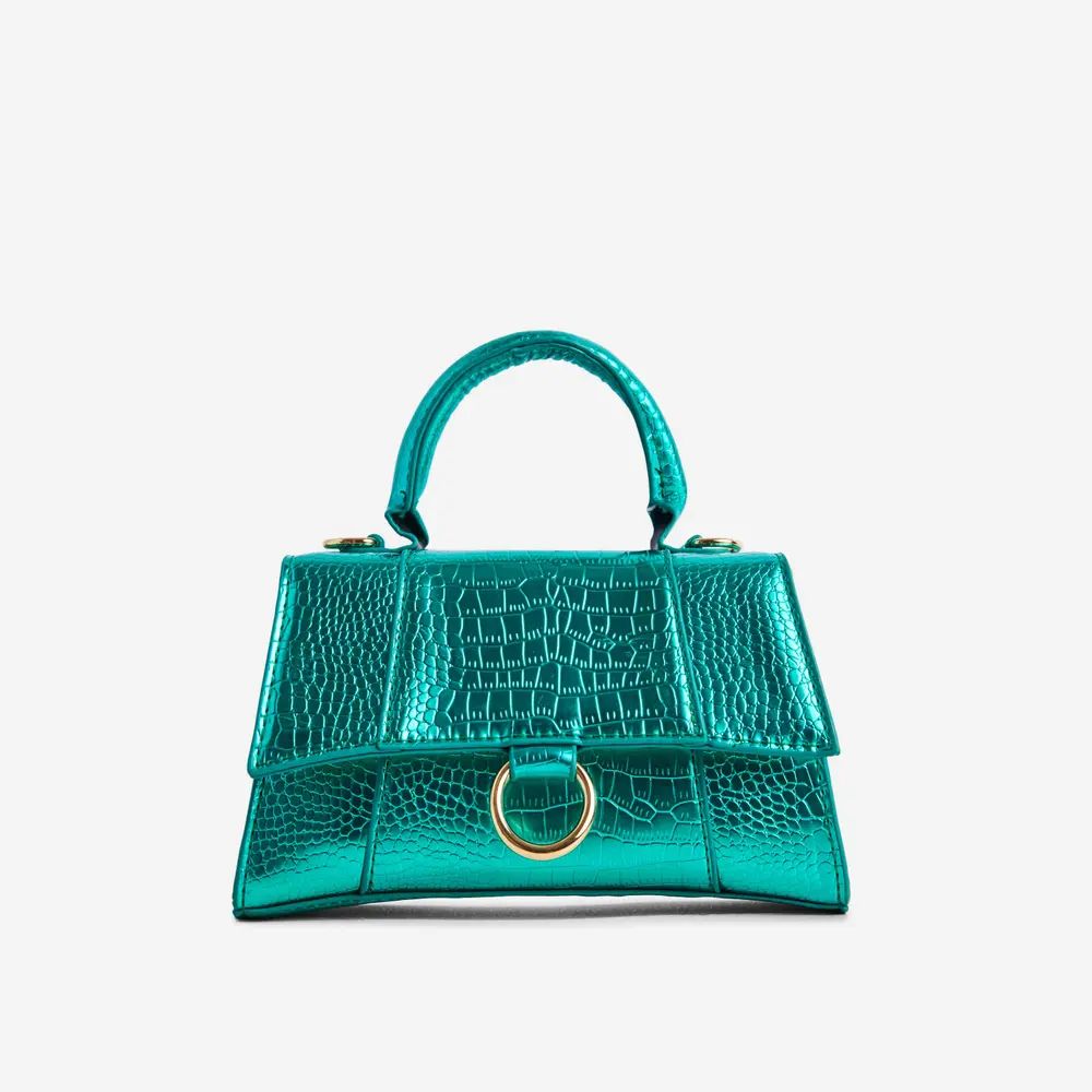 Georgie Ring Detail Tote Bag In Green Metallic Croc Print Patent | EGO Shoes (US & Canada)